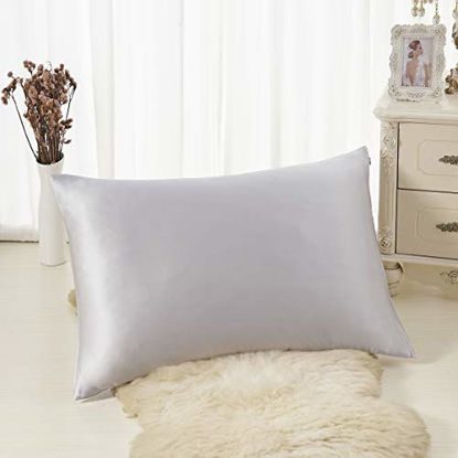 Picture of ALASKA BEAR Natural Silk Pillowcase, Hypoallergenic, 19 Momme, 600 Thread Count 100 Percent Mulberry Silk, Standard Size with Hidden Zipper (1pc, Silver Light Grey)