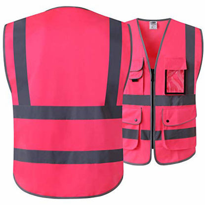 Picture of JKSafety 9 Pockets Class 2 High Visibility Zipper Front Safety Vest With Reflective Strips, Meets ANSI/ISEA Standards (Large, Pink)