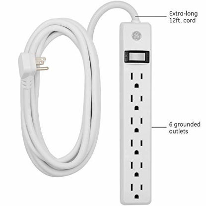 Picture of GE 6 Outlet Power Strip, 12 Ft Long Extension Cord, Flat Plug, 3 Prong Outlets, UL Listed, White, 45195