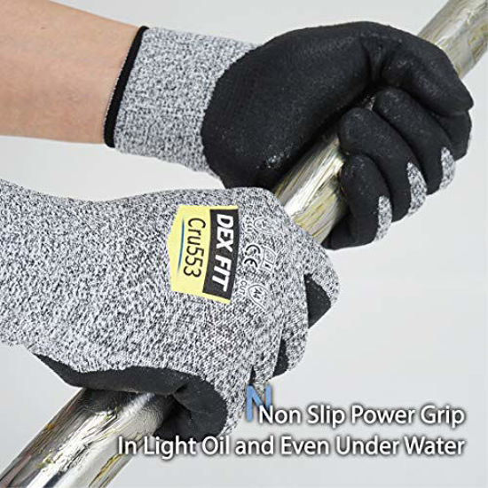 Picture of DEX FIT Level 5 Cut Resistant Gloves Cru553, 3D Comfort Stretch Fit, Power Grip Foam Nitrile, Smart Touch, Durable Thin & Lightweight, Machine Washable, Grey X-Large 1 Pair