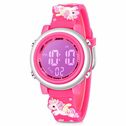 Picture of Jianxiang Kids Digital Sport Watches for Girls Boys, Waterproof Outdoor LED Timer with 7 Colors Backlight 3D Cartoon Silicone Band Child Wristwatch (Unicorn Red)