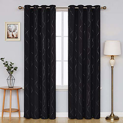 Picture of Deconovo Black Curtains Wave Line with Dots Printed Grommet Blackout Curtains for Living Room 52 x 84 Inch Black 2 Panels