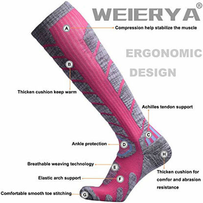 Picture of WEIERYA Ski Socks 2 Pairs Pack for Skiing, Snowboarding, Cold Weather, Winter Performance Socks Pink Medium
