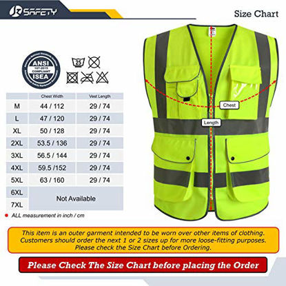 Picture of JKSafety 9 Pockets Class 2 High Visibility Zipper Front Safety Vest With Reflective Strips, Yellow Meets ANSI/ISEA Standards (Medium)