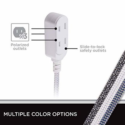 Picture of Cordinate 43431-T1, White/Gray, Designer 3 Extension, 2 Prong Power Strip, Extra Long 15 Ft Cable with Flat Plug, Braided Chevron Fabric Cord, Slide-to-Close Safety Outlets, 43431, 15 Ft, 15 Ft