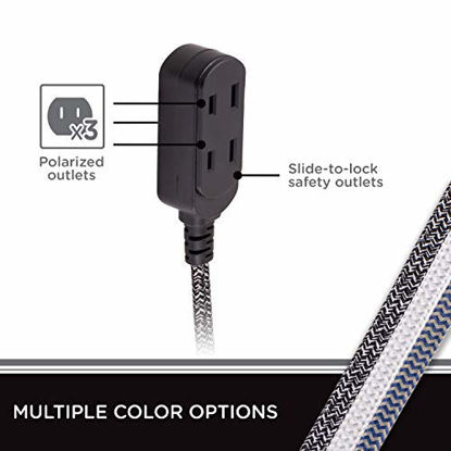 Picture of Cordinate 43438-T1, Black/Gray, Designer 3 Extension, 2 Prong Power Strip, Extra Long 15 Ft Cable with Flat Plug, Braided Fabric Cord, Slide-to-Close Safety Outlets, 43438, 15 Ft, 15 Ft