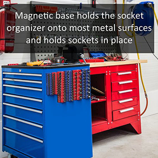 Picture of Olsa Tools Magnetic Socket Holder | 1/4-inch Drive | Metric | Red | Holds 26 Sockets | Premium Quality Tools Organizer