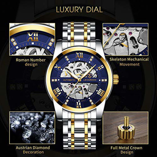 Picture of Mens Watch Mechanical Stainless Steel Skeleton Waterproof Automatic Self-Winding Roman Numerals Diamond Dial Wrist Watch