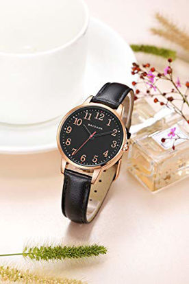 Picture of BRIGADA Women's Watch Nice Fashion Elegant Rose Gold Black Leather Band Ladies Watch for Women Waterproof