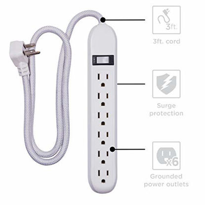 Picture of Cordinate 6-Outlet Surge Protector, Power Strip, Flat Plug, Braided Cord, Decorative, 3 ft Power Cord, Wall Mount, Tangle-Free, Warranty, White, 41638