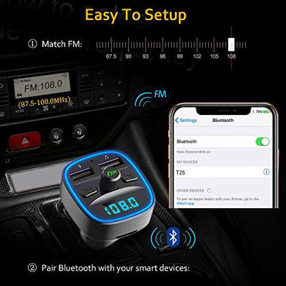 Picture of Comsoon Bluetooth FM Transmitter, [Blue Ambient Ring Light] Wireless Radio Car Receiver Adapter Kit with Hands-Free Calling, Dual USB Charger 5V/2.4A & 1A, Support TF/SD Card, USB Disk