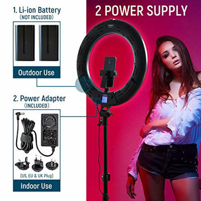 Picture of 18-inch RGB LED Ring Light Kit with Stand Phone Holder APP Control, 2500K-8500K/CRI95/0-360 Hue/17 Scenes Lighting with LCD Screen DC Adapter for Makeup Selfie YouTube Video Shooting
