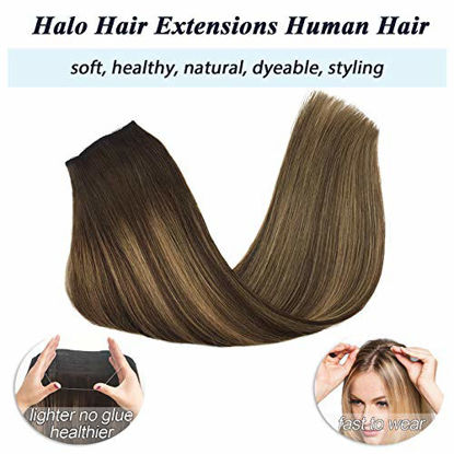 Picture of GOO GOO Halo Hair Extensions 100g Ombre Chocolate Brown to Caramel Blonde 20 Inch Real Human Hair Extensions with Invisible Fish Line Layered Flip in Extensions Straight Hairpiece for Women