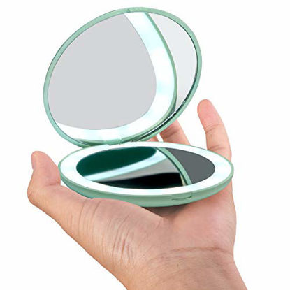 Picture of wobsion LED Lighted Travel Makeup Mirror, 1x/10x Magnification Compact Mirror, Portable for Handbag, Purse, Pocket, 3.5 inch Illuminated Folding Mirror, Handheld 2-Sided Mirror, Round, Cyan