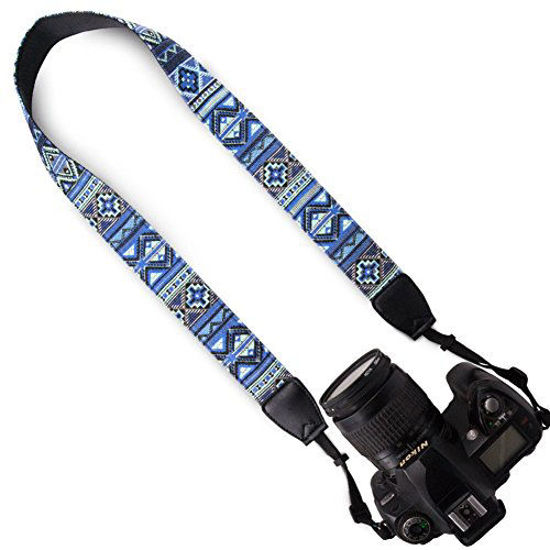 Wolven Pattern Canvas Camera Neck Shoulder Strap Belt Compatible for All DSLR/SLR/Men/Women etc Blue Stripe Pattern 