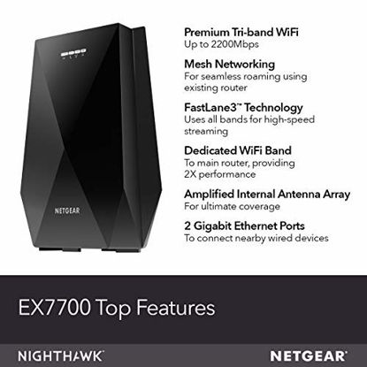 Picture of NETGEAR WiFi Mesh Range Extender EX7700 - Coverage up to 2300 sq.ft. and 45 devices with AC2200 Tri-Band Wireless Signal Booster & Repeater (up to 2200Mbps speed), plus Mesh Smart Roaming
