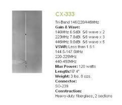 Picture of CX-333 TriBand Base antenna, 2m/1.25m/70cm, 10ft Comet