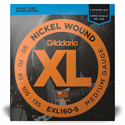 Picture of D'Addario EXL160-5 5-String Nickel Wound Bass Guitar Strings, Medium, 50-135, Long Scale