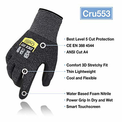 Picture of DEX FIT Level 5 Cut Resistant Gloves Cru553, 3D Comfort Stretch Fit, Power Grip, Durable Foam Nitrile, Smart Touch, Machine Washable, Thin & Lightweight, Black Grey 6 (XS) 1 Pair