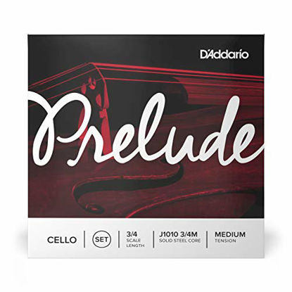 Picture of DAddario J1010 Prelude Cello String Set, 3/4 Scale Medium Tension (1 Set) -Solid Steel Core, Warm Tone, Economical, Durable - Educators Choice for Student Strings - Sealed Pouch Prevents Corrosion