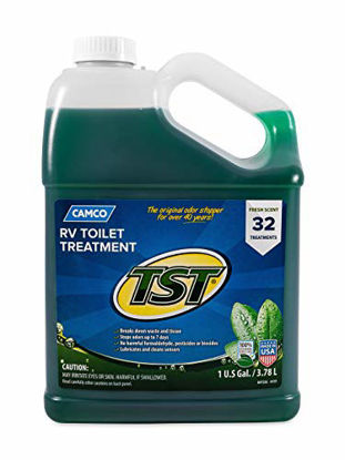Picture of Camco TST Fresh Scent RV Toilet Treatment, Formaldehyde Free, Breaks Down Waste And Tissue, Septic Tank Safe, Treats up to 32 - 40 Gallon Holding Tanks (128 Ounce Bottle) , TST Green - 40227