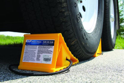 Picture of Camco 44472 Wheel Chock With Rope For Easy Removal, Helps Keep Your Trailer or RV In Place (Pack of 1), Yellow