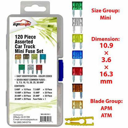 Picture of 120 Pieces - EPAuto Assorted Car Truck Mini Blade Fuse Set (5/7.5/10 / 15/20 / 25/30 AMP)