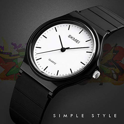 Picture of Simple Design Analog Watch with Black Resin Band for Men/Women Student Watches White Face