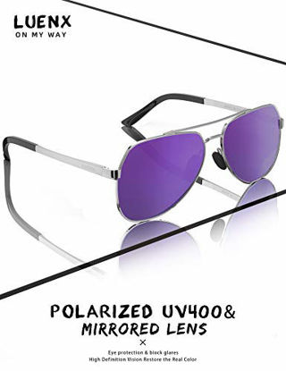 Picture of LUENX Women Aviator Sunglasses Polarized Shades Flexible Spring Hinge - Purple Mirror Lens Silver Metal Frame 60mm