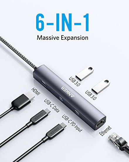 Picture of Anker USB C Hub, PowerExpand 6-in-1 USB C PD Ethernet Hub with 65W Power Delivery, 4K HDMI, 1Gbps Ethernet, USB-C Data Port, 2 USB 3.0 Data Ports, for MacBook Pro, MacBook Air, iPad Pro, XPS, and More