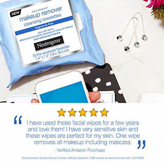 Picture of Neutrogena Fragrance-Free Makeup Remover Face Wipes, Daily Facial Cleansing Towelettes for Waterproof Makeup, Dirt & Oil, Gentle, Alcohol-Free & Fragrance Free, 25 ct