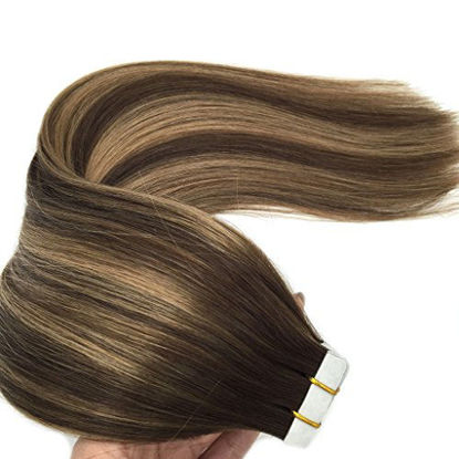 Picture of GOO GOO 20pcs 50g Tape in Hair Extensions Human Hair Chocolate Brown to Caramel Blonde Remy Human Hair Extensions Balayage Tape in Real Hair Extensions 22 inch