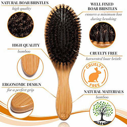Picture of 100% Boar Bristle Hair Brush Set. Soft Natural Bristles for Thin and Fine Hair. Restore Shine And Texture. Wooden Comb, Travel Bag and Spa Headband Included!