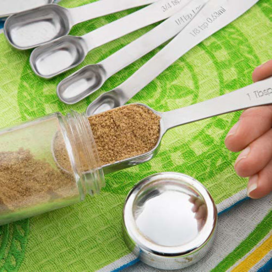 Picture of Spring Chef Heavy Duty Stainless Steel Metal Measuring Spoons for Dry or Liquid, Fits in Spice Jar, Set of 6 with bonus Leveler