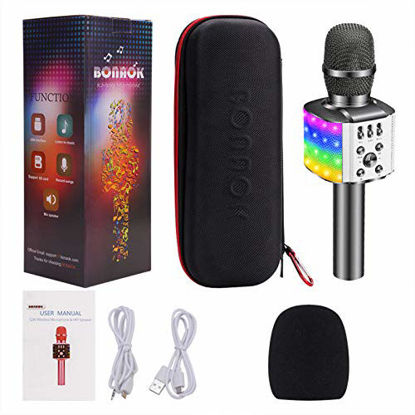 Picture of BONAOK Bluetooth Wireless Karaoke Microphone with controllable LED Lights, 4 in 1 Portable Karaoke Machine Speaker for Android/iPhone/PC (Space Gray)
