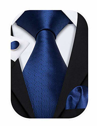 Picture of Barry.Wang Mens Ties Silk Tie Pocket Square Cufflinks Set Woven Designer Royal Blue