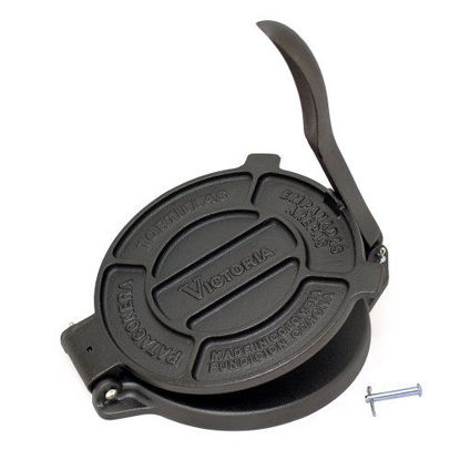Picture of Victoria 8 Inch Cast Iron Tortilla Press. Tortilla Maker, Flour Tortilla press, Rotis Press, Dough Press, Pataconera Seasoned with Flaxeed Oil, Black -