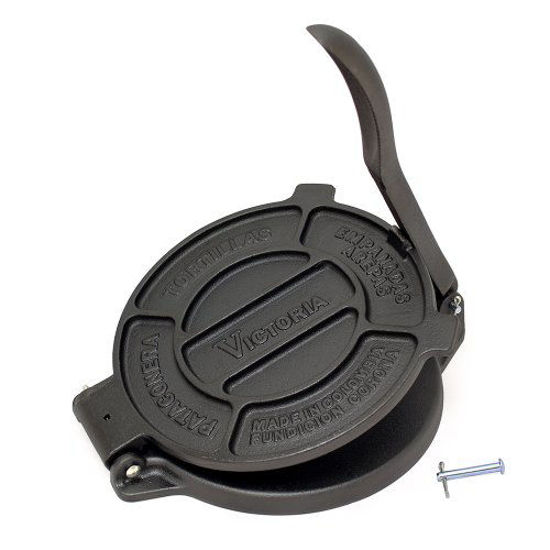 Picture of Victoria 8 Inch Cast Iron Tortilla Press. Tortilla Maker, Flour Tortilla press, Rotis Press, Dough Press, Pataconera Seasoned with Flaxeed Oil, Black -