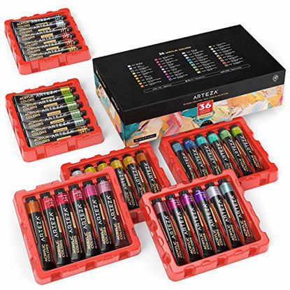 Picture of Metallic Acrylic Paint, Arteza Set of 36 Colors, 0.74 oz/22 ml Tubes with Storage Box, Rich Pigments, Non Fading, Non Toxic Paints for Artist & Hobby Painters, Art Supplies for Canvas Painting