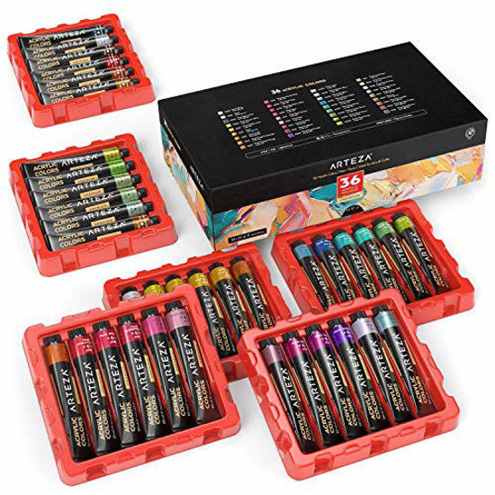 Picture of Metallic Acrylic Paint, Arteza Set of 36 Colors, 0.74 oz/22 ml Tubes with Storage Box, Rich Pigments, Non Fading, Non Toxic Paints for Artist & Hobby Painters, Art Supplies for Canvas Painting