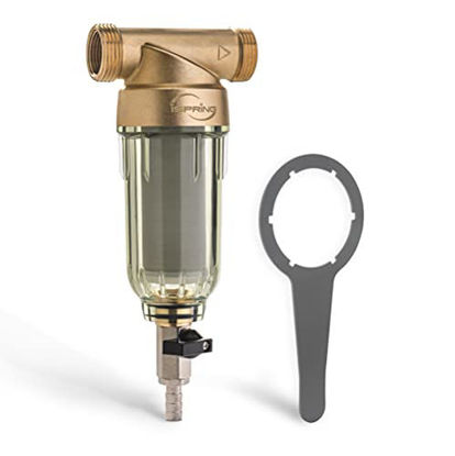 Picture of iSpring WSP-50 Reusable Whole House Spin Down Sediment Water Filter, 50 Micron Flushable Prefilter Filtration WSP50, 1" MNPT + 3/4" FNPT, Brass