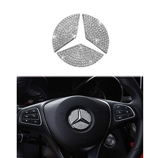 1797 Compatible Steering Wheel Logo Caps for Mercedes Benz Accessories Parts Emblem Badge Bling Decals Covers Interior Decorations W205 W212 W213 C117 C E S CLA GLA GLK Class Crystal Silver 45mm 3pcs 