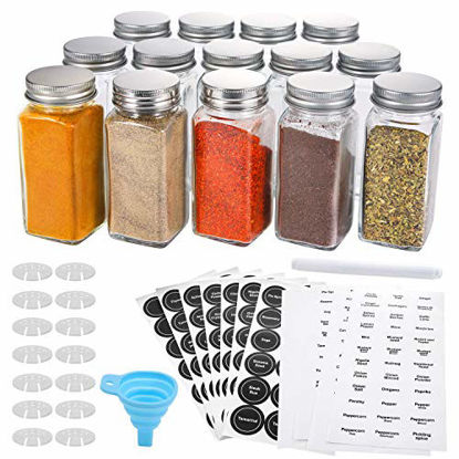 Picture of AOZITA 14 Pcs Glass Spice Jars with Spice Labels - 4oz Empty Square Spice Bottles - Shaker Lids and Airtight Metal Caps - Chalk Marker and Silicone Collapsible Funnel Included