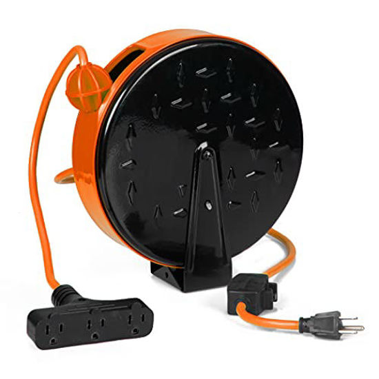 GetUSCart- Thonapa 30 Ft Retractable Extension Cord Reel with Breaker  Switch and 3 Electrical Power Outlets - 16/3 SJTW Durable Orange Cable -  Perfect for Hanging from Your Garage Ceiling