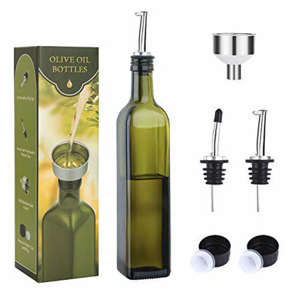 Picture of AOZITA 17oz Glass Olive Oil Bottle - 500ml Green Oil & Vinegar Cruet with Pourers and Funnel - Olive Oil Carafe Decanter for Kitchen