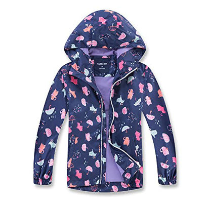 Picture of MGEOY Girls Rain Jackets Lightweight Waterproof Hooded Rain Coats Windbreakers for Kids Blue 10/12