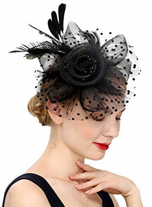 Picture of Fascinators Hat for Women Tea Party Headband Kentucky Derby Wedding Flower Cocktail Mesh Feathers Hair Clip (1-a-Black)