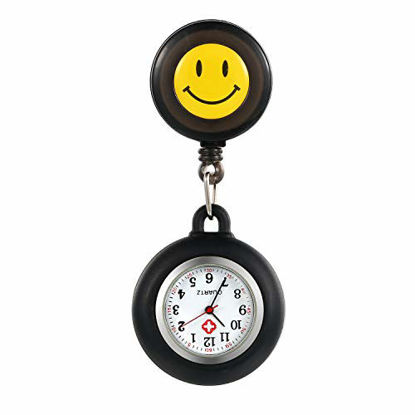 Picture of Women Retractable Nurse Watches with Second Hand Clip-on Hanging Lapel Silicone Jelly Fob Pocket Watch Cute Cartoon Smile Round Face Arabic Markers for Men and Women - Black