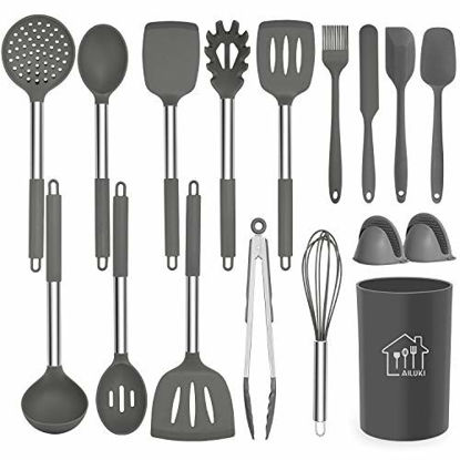 Picture of Silicone Cooking Utensil Set,Kitchen Utensils 17 Pcs Cooking Utensils Set,Non-stick Heat Resistant Silicone,Cookware with Stainless Steel Handle - Grey