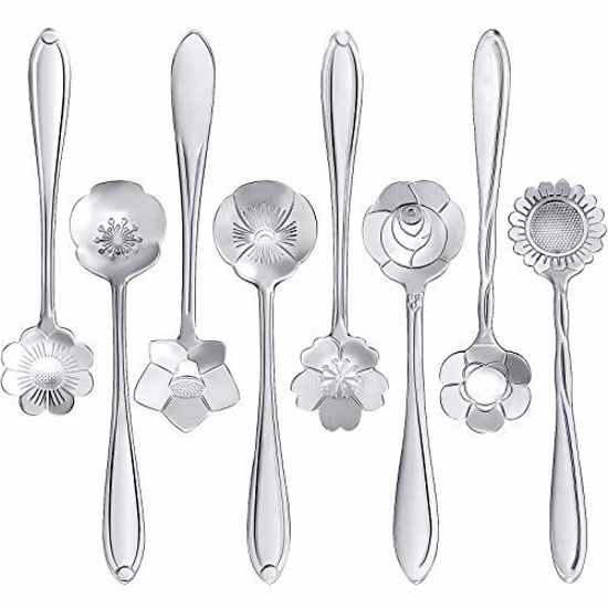 Picture of Maitys 16 Pieces Stainless Steel Flower Coffee Spoon Dessert Spoon Sugar Spoon Ice Cream Spoon Stirring Spoon Tea Spoon Milkshake Spoon Set for Tableware Kitchen, Cafe or Bar (Silvery)